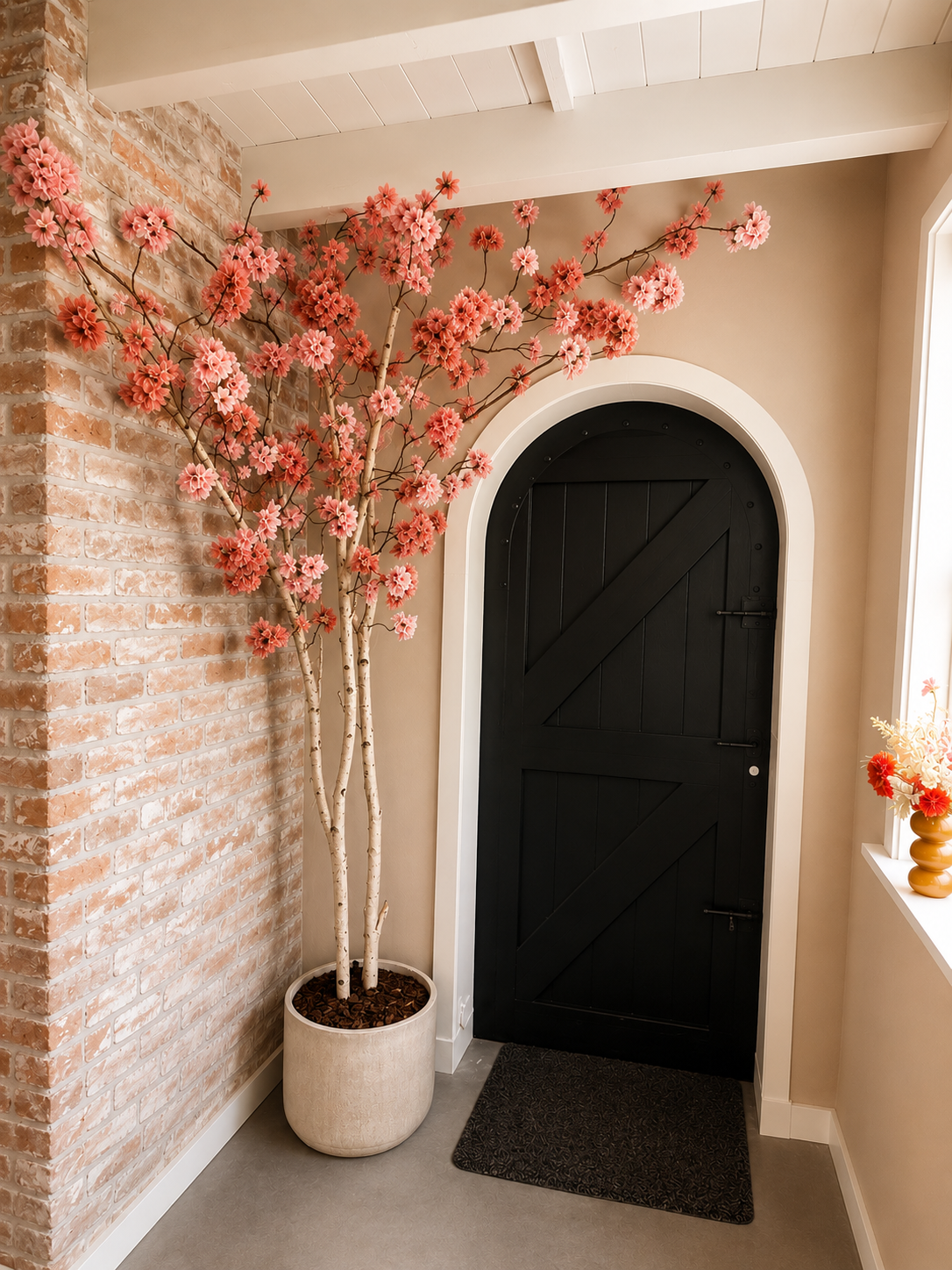 Bloesemboom op maat gemaakt voor een schoonheidssalon, met zachtroze bloesem op echte houten takken in een stijlvolle pot